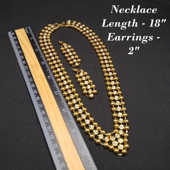 Rhinestone Choker Necklace Post Earrings Set, Light Weight Gold Tone, 18 Inches - Picture 7 of 7